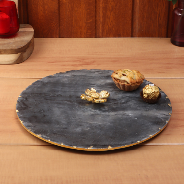 NikkisPride Marble Platter Round With Gold Foil Work  Black  Metal Flower  Embedded 
